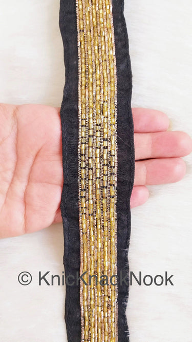 Black / Red Art Silk Fabric Trim With Gold Bugle Beads Embellishments And Gold Embroidery, Beaded Trim,